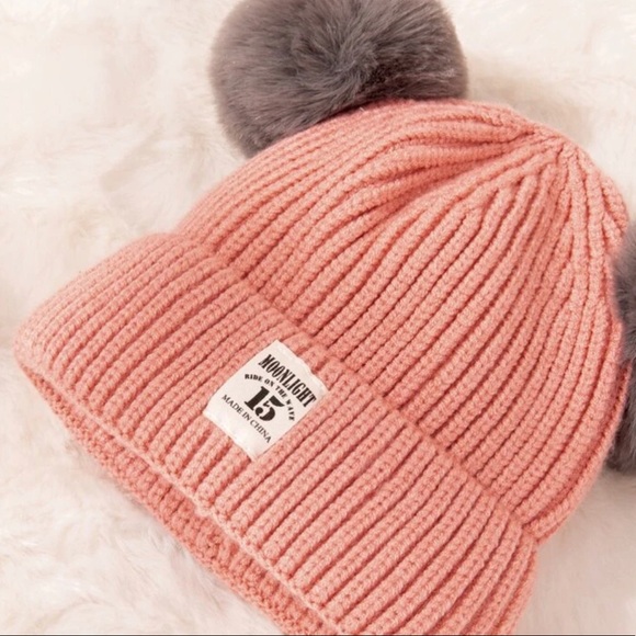 Pink  Toddler Double Pom Pom Beanie - Picture 3 of 3